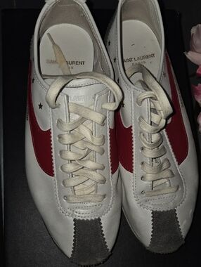 Saint Laurent White Leather Sneakers with Red Panels and Gray Toe